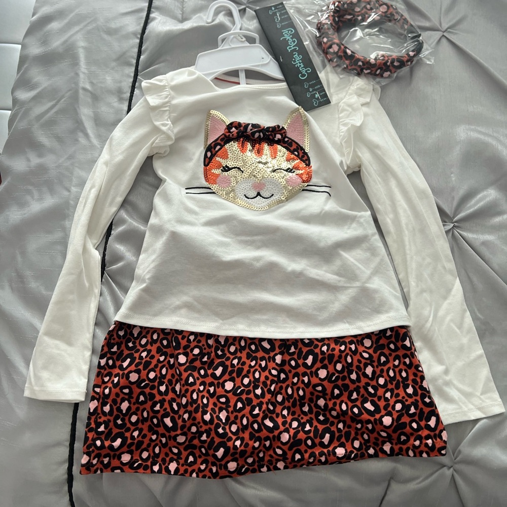 Girls' Cat Face Dress with Leopard Skirt
